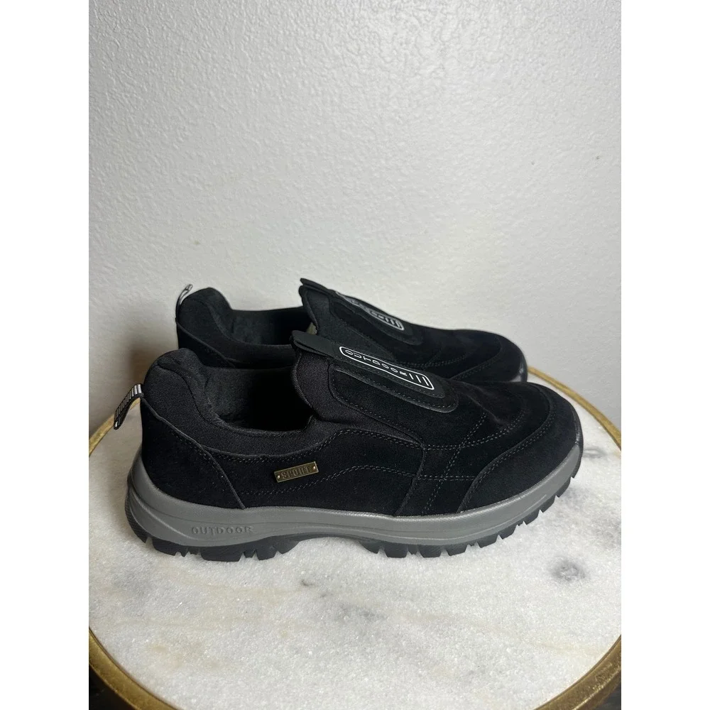 Outdoor Mens Black Suede Slip On Hiking Shoes Rugged Walking Sneakers Black Grey